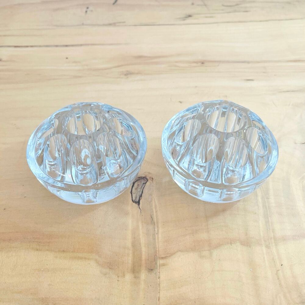Set of 2 Vtg Flower Frogs Glass P.W.F Domed 9 Hole Taiwan Candle